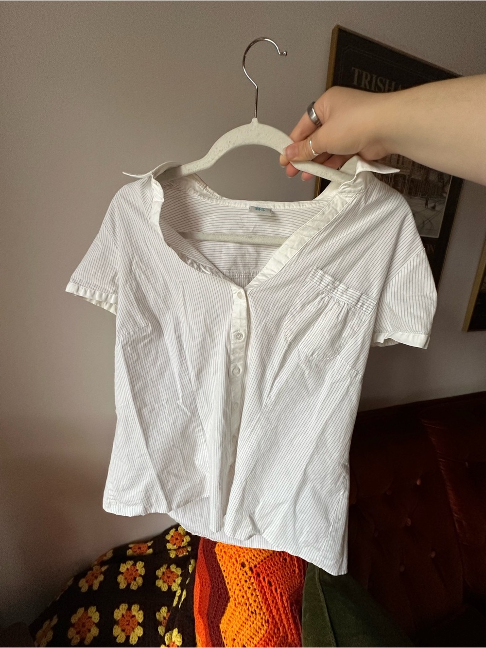 Y2K M&S White Pinstripe Button-Up Top with Puff Sleeves